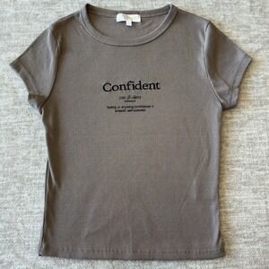 Riley & James  Womens Ribbed Top Casual Blouse Short Sleeve Small Mocha Confiden